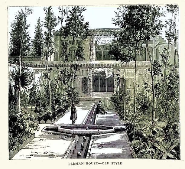 波斯建筑，老式房屋，带水景的维多利亚式花园，1889年，19世纪复古插画图片下载