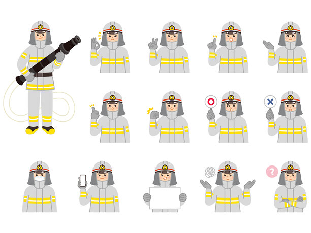 年轻女消防员。面部表情和手势的插画素材集。图片下载