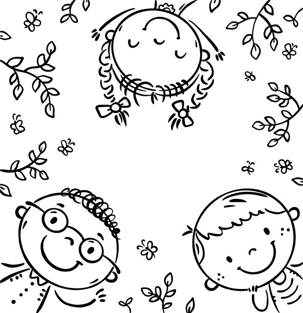 方形儿童画框线条艺术矢量图。有趣的儿童面孔。卡通黑白插画图片下载