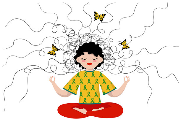世界精神卫生日概念矢量插画，年轻女孩盘腿冥想，平静放松的心灵，凌乱的头发上有蝴蝶，焦虑压力意识图片下载