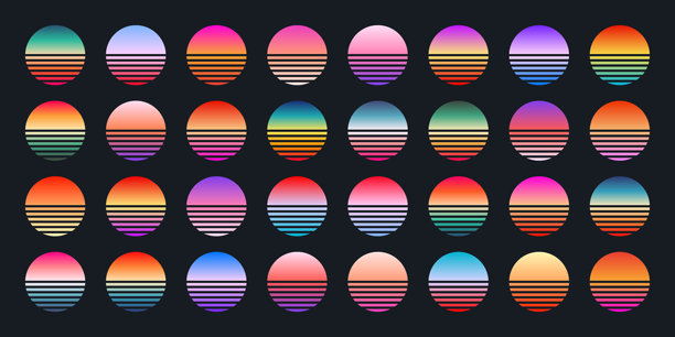 复古多彩的日落。80年代和90年代风格的条纹渐变日出徽章。阳光和海景，夏日氛围，冲浪。用于印刷品、徽标或T恤的设计元素。矢量插画图片下载