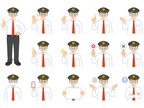 司机是一位老人。面部表情和手势的插画素材集。图片下载