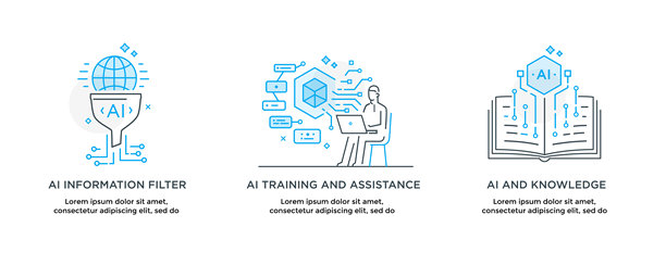 一套插画概念，包含商务人士、科技、合作、人工智能机器人、网络安全。线性插画图标信息图。着陆页网站印刷海报。系列故事图片下载
