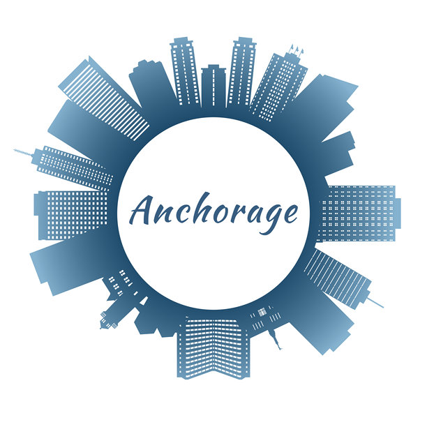 安克雷奇市天际线，色彩缤纷的建筑，圆形风格，矢量插画素材图片下载