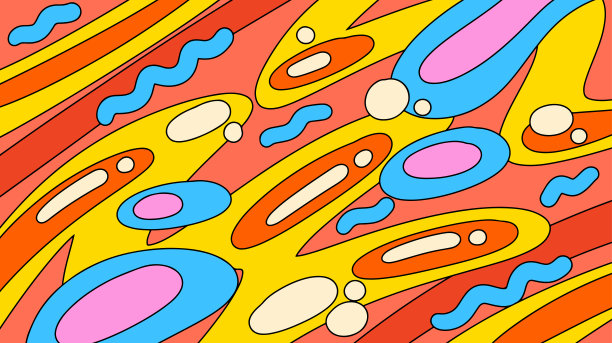 时髦复古抽象插画。有趣的70年代迷幻背景设计。鲜艳的抽象艺术壁纸。多彩波普艺术风格。怀旧卡通风格混乱背景图片下载