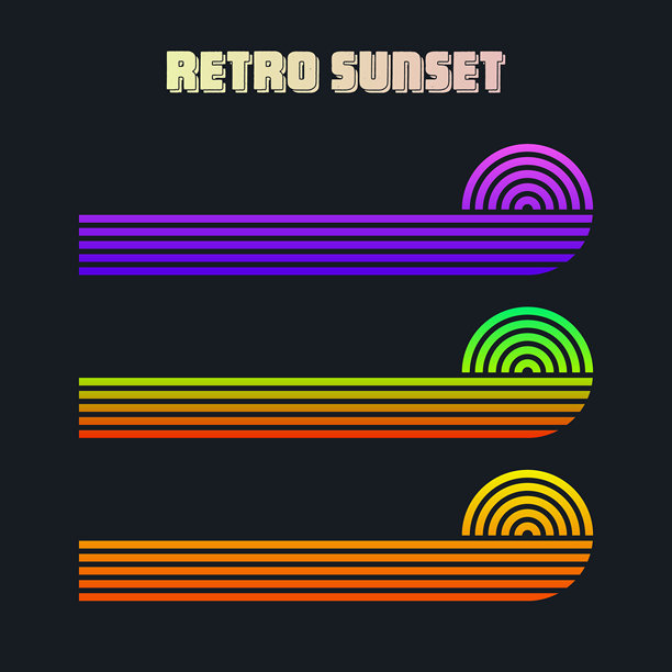 复古多彩的日落。80年代和90年代风格的渐变条纹日出徽章。太阳和海洋景观，夏日氛围，冲浪。用于印刷品、徽标或T恤的设计元素。矢量插画图片下载