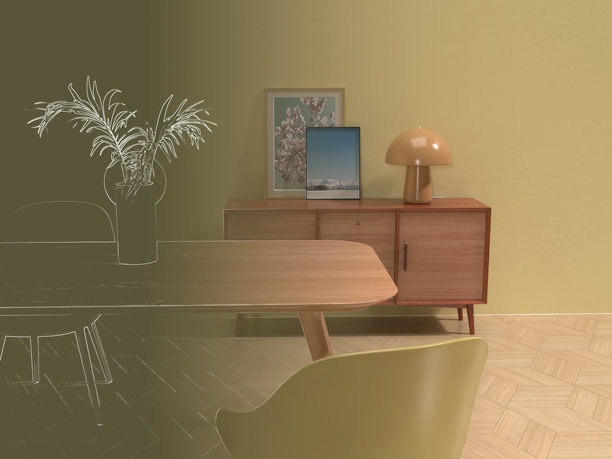 极简客厅和餐厅的写实3D插画图片下载