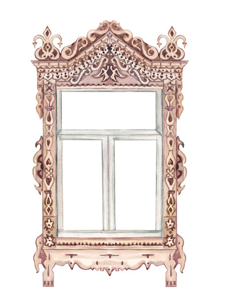 带有华丽雕刻细节的俄罗斯传统木制窗框。复古建筑元素的تمل色水彩插画，斯拉夫民间风格装饰，孤立在白色背景上。图片下载