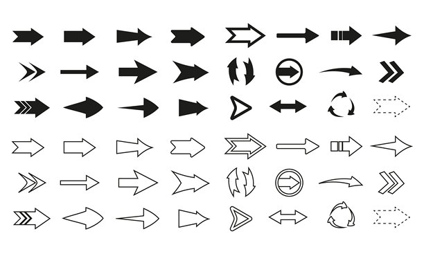 100个黑色箭头图标集。箭头图标。箭头矢量图集。箭头。光标。现代简约箭头。矢量插画。图片下载