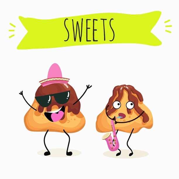 奶油泡芙的搞笑卡通形象，配以光泽的巧克力，手绘矢量插画。图片下载