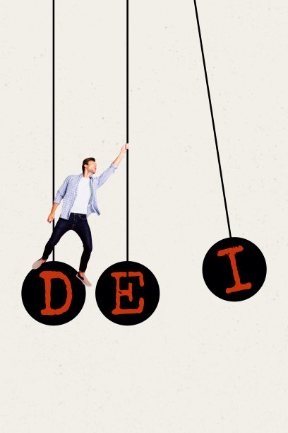 潮流艺术海报模板，3D照片拼贴，一个年轻人站在平衡球上，代表正义、多元化、包容性、社会问题和公平图片下载