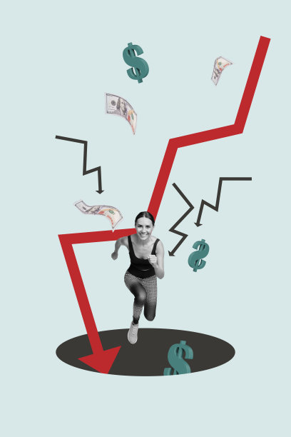 新手女商人和男商人站立的垂直照片拼贴草图，箭头、下跌、美元损失、危机、通货膨胀、破产图片下载