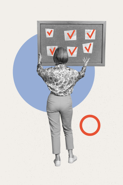 时尚艺术竖版3D照片拼贴，一位匿名女商人背对留言板，上面有贴纸、对勾，表示已批准的交易进展。图片下载