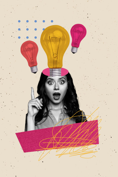 独家图片，杂志，流行趋势，拼贴，快乐的女孩，展示了灵光一闪的灯泡想法，找到停电的电源，领导计划发展图片下载