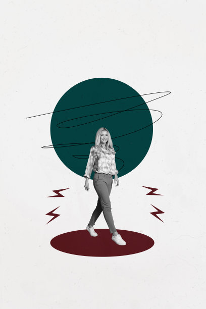 艺术图片竖版照片拼贴，描绘了快乐的女商人和男商人走在几何图形中，象征职业晋升、成功、目标和成就图片下载