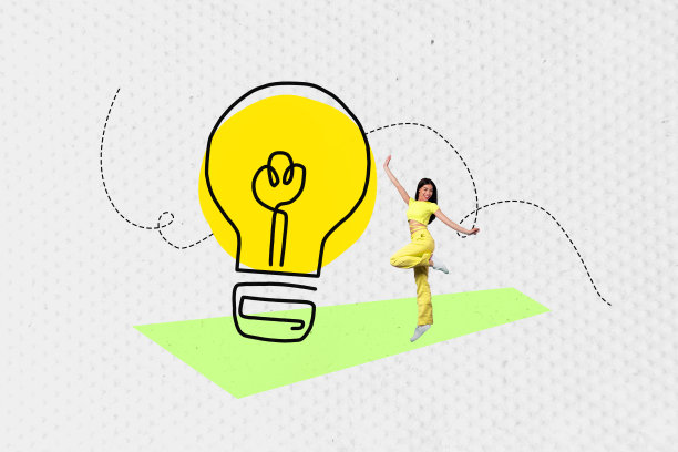 3D插画，杂志风，流行趋势拼贴，快乐女孩，舞动，灯泡，想法，发现，停电，电力，LED，计划，发展，概念图片下载