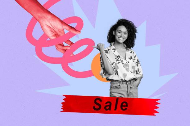 3D流行杂志风格插画拼贴，描绘一个快乐的美国女孩用手指着，抓取优惠券促销图标，象征黑色星期五购物狂的瘾症。图片下载