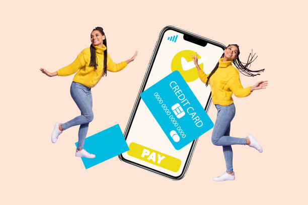 全三维杂志图片草图拼贴，展示一对快乐的女孩和男孩站立，展示手机、勾号、批准、付款、信用卡和折扣。图片下载