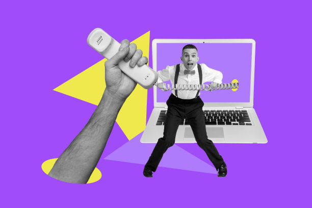 创意海报横幅 3D拼贴照片，一位快乐的商人站立，手持笔记本电脑和电话听筒，自由职业者职业图片下载