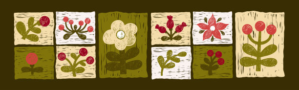 蜡笔民间艺术套装。拼布风格的花卉原始元素图案。带有花朵、植物和浆果的孤立图块。纹理手绘涂鸦。现代潮流矢量插画。非人工智能图片下载