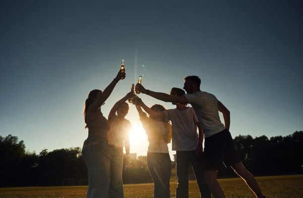逆光拍摄。人们欢呼、庆祝、举着啤酒瓶的暗调照片图片下载