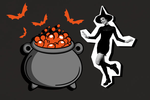 趋势艺术作品横幅草图 3D 照片拼贴快乐女巫站在坩埚旁炼药 万圣节 宗教仪式 蝙蝠 黑暗魔法图片下载