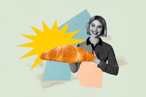 快乐女孩和男孩拿着羊角面包、糕点、泡芙面团的全身横幅素描照片拼贴，描绘营养、垃圾食品、饮食、碳水化合物和甜点图片下载