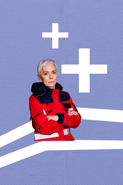 垂直横幅 3D海报图片照片拼贴，一位严肃的老年女医生/工作人员，双手叉腰，象征紧急救助和职业图片下载