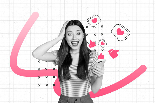 快乐狡黠的女孩的完整海报照片拼贴，她拿着手机接收通知、订阅者、关注和博文通知。图片下载