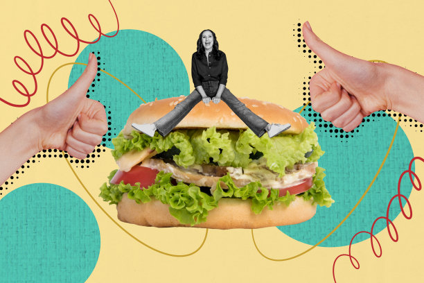 创意拼贴艺术横幅，快乐老妇人坐着吃汉堡的3D照片拼贴，快餐，营养，双手竖起大拇指表示喜欢的手势，垃圾食品订单图片下载