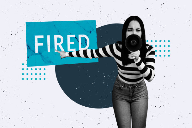 手绘风格的潮流艺术作品，3D照片拼贴，一位强势的年轻女老板用手指着，正在用扩音器讲话，表现工作压力、失业、公司解雇的场景。图片下载