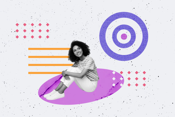 创意海报横幅 3D拼贴照片：快乐的女商人在目标、发展、职业晋升、进步和统计数据中站立图片下载