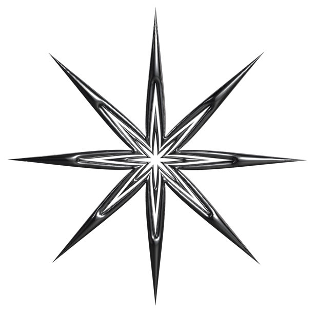 写实的3D渲染插画，描绘了一个精细、反光的金属八角星爆设计，拥有锐利、对称的尖角，孤立在干净的白色背景上。图片下载