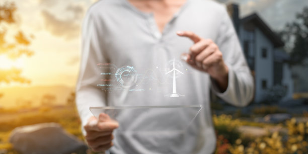 全息屏幕，人类控制系统，风力涡轮机发电。生态队列，来自自然的清洁能源。图片下载