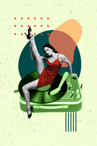 潮流竖版艺术横幅草图，快乐性感女孩跳舞的3D照片拼贴，黑胶唱片，庆祝音乐，音乐爱好者，唱片图片下载