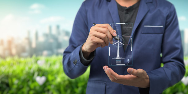 全息屏幕，人类控制系统，风力涡轮机发电。生态队列，源于自然的清洁能源。图片下载