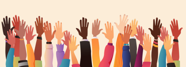 举起的手。人们在一起，团队合作，协作，投票，社区，志愿服务理念。矢量手绘插画图片下载