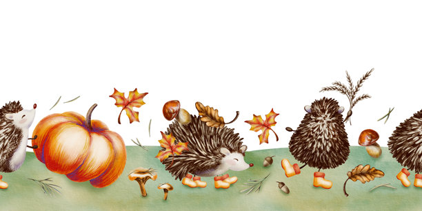 森林角色，一只刺猬，以可爱的儿童风格出现在无缝的秋季边框上，穿着黄色雨靴，手捧一束麦穗、橡树叶、枫叶、蘑菇，草坪上有一个大南瓜。图片下载