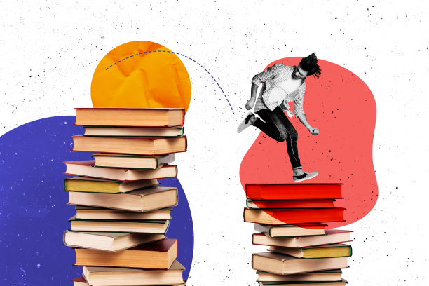 杂志艺术风格的3D照片拼贴，一位快乐的学生，书籍堆，百科全书，图书管理员，书呆子，爱好，教育，大学图片下载