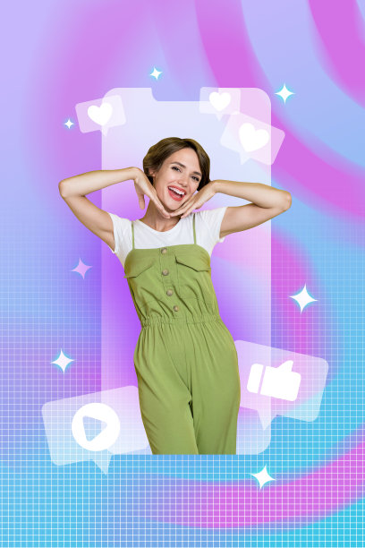 时尚海报照片拼贴，一个快乐而狡黠的女孩拿着手机，接收订阅者关注和博客通知。图片下载