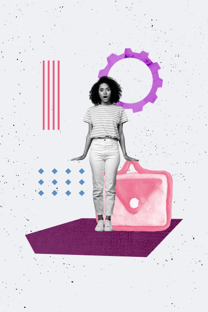 竖版海报照片拼贴，一个快乐的女孩冲浪，手机弹出通知气泡，显示地理位置、旅行路线，迷路了，话匣子。图片下载