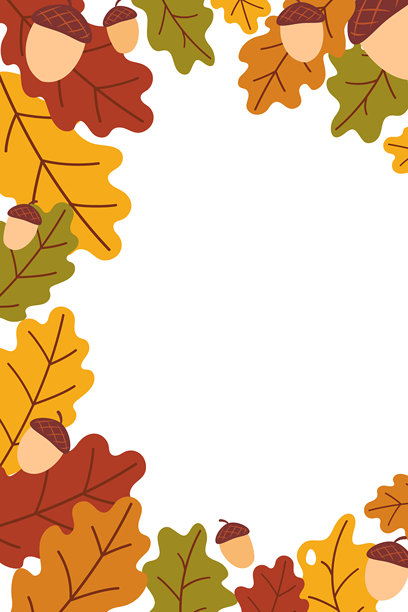 秋季竖版卡片，配有手绘橡树叶和橡子，留有复制空间。平面矢量插画。现代背景、海报、封面、邀请函模板。图片下载