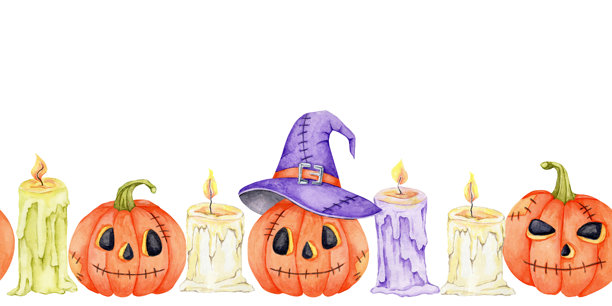 水彩插画，橙色南瓜、紫色巫师帽和黄色蜡烛组成的无缝边框，手绘。非常适合万圣节请柬设计、包装纸和派对装饰。图片下载
