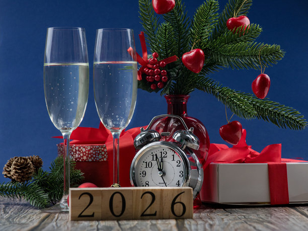 2026新年主题插画，包含香槟杯、木块、礼物和圣诞装饰图片下载