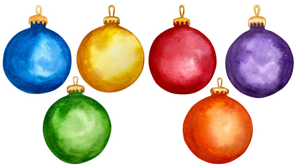 手工制作的多色圣诞球水彩插画。圣诞球装饰。用作标题页或贺卡的装饰背景，吊球装饰。图片下载