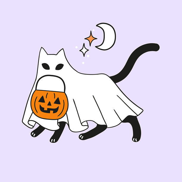 可爱的矢量幽灵猫，带着万圣节糖果桶。手绘的怪诞万圣节插画，孤立在背景上。非常适合用作贴纸、T恤标志、贺卡、海报或婴儿房印花设计。图片下载