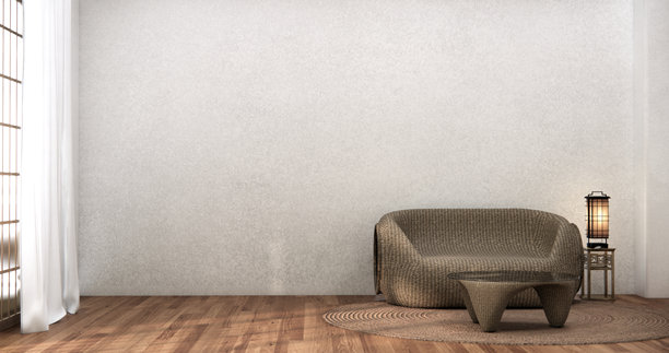 侘寂风格客厅，配有扶手椅、沙发和桌子装饰。3D插画渲染。图片下载