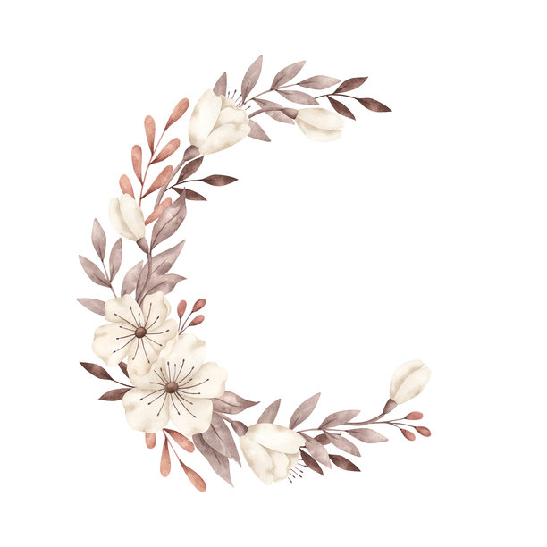 水彩手绘花环（半圆形）边框，包含米色花朵和棕色叶子。波西米亚风格的花束。适用于婴儿派对、性别揭晓派对和育儿室的设计插画。图片下载