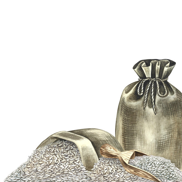 一幅有稻米图片的角落边框。手绘水彩插画。麻袋里的稻米和木制量勺。适用于菜单、食谱和食谱书的设计元素。图片下载