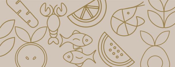 手绘插画。有机水果、蔬菜、鱼、海鲜、咖啡和烘焙食品的几何图案。抽象的几何线条背景。金色奢华健康食品图案。网页横幅。图片下载